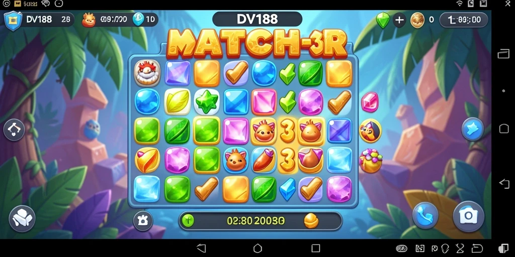 Tampilan gameplay <strong>DV188</strong> yang menarik dengan elemen Match-3 berwarna-warni.