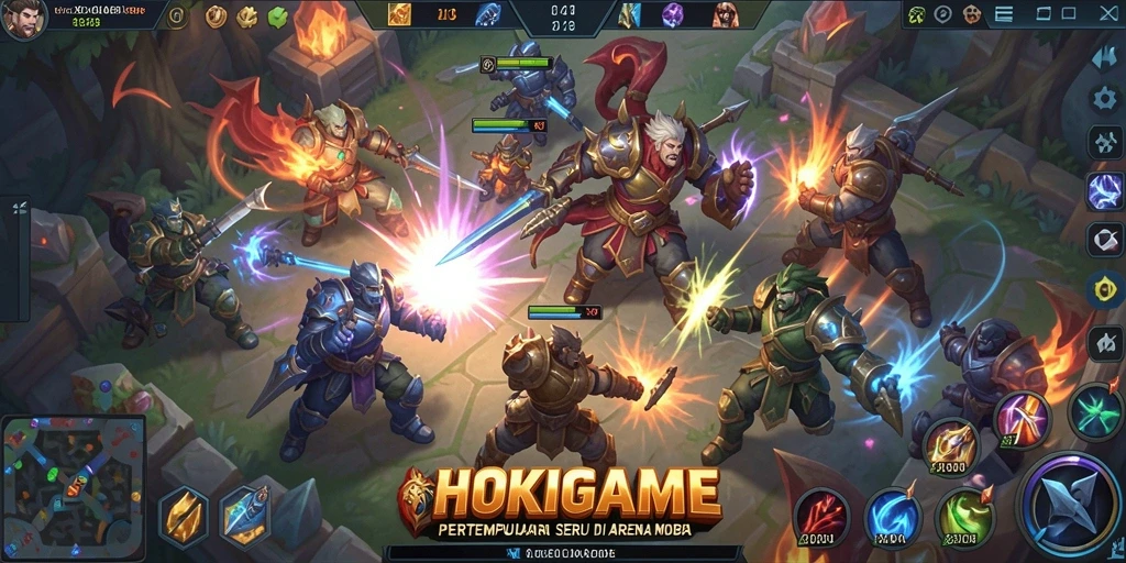 Screenshot HOKIGAME menampilkan aksi pertempuran seru di arena MOBA.