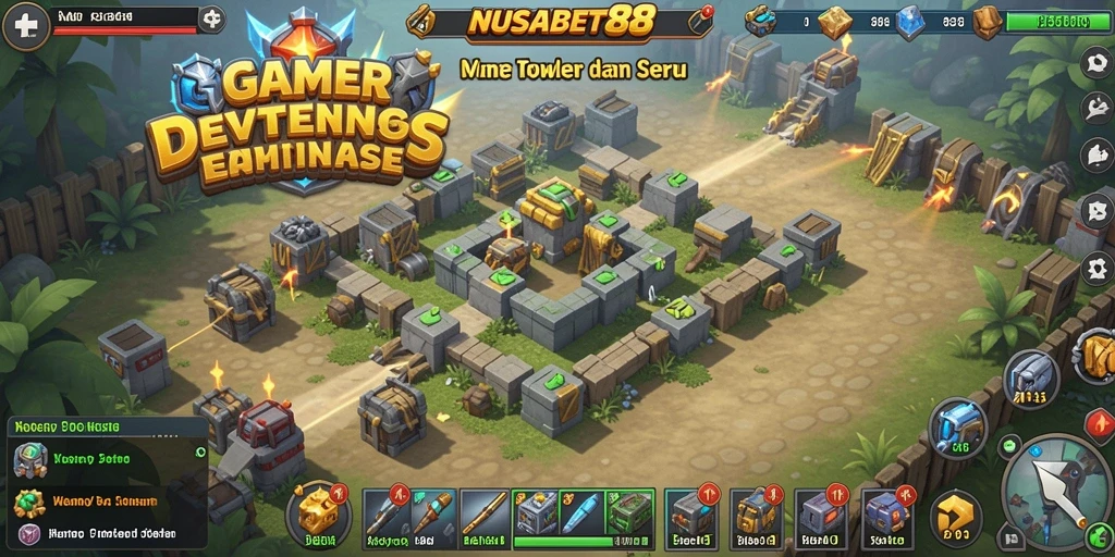 Screenshot NUSABET88 menampilkan serunya gameplay Tower Defense dengan menara dan musuh.
