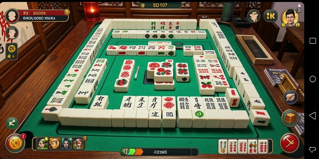 Tampilan gameplay seru dalam SD107, menikmati Mahjong dengan teman.