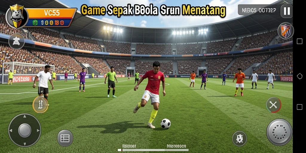 Screenshot utama VC55 menampilkan aksi seru di lapangan sepak bola.